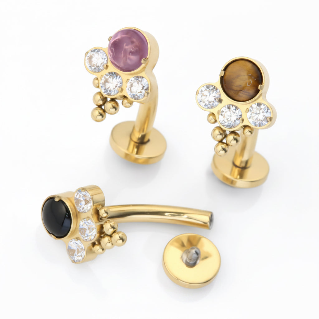 piercing nombril labret courbé titane doré PVD gold pierre naturelle oeil de tigre tiger eye zircons