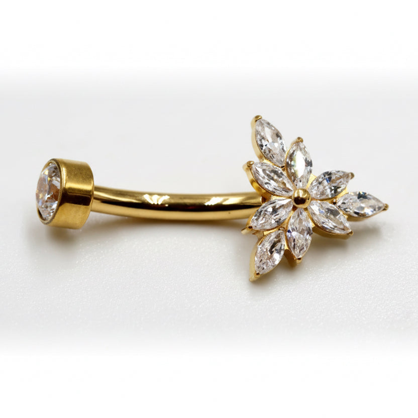 piercing nombril luxe titane doré PVD gold fleurs de lotus zircons marquise brillant