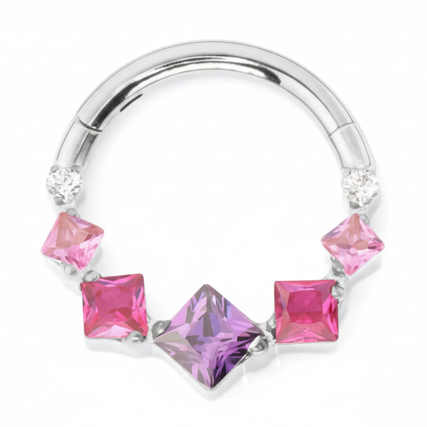 anneau piercing clicker nebula titane argenté zircons dégradé blanc violet fuschia 8mm