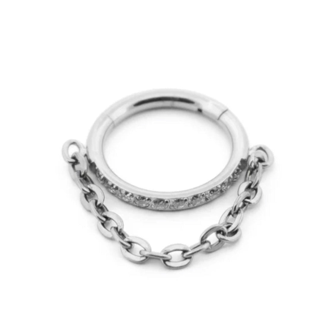 anneau piercing clicker titane argenté zircons brillants avec chaîne drapée fixe hélix septum