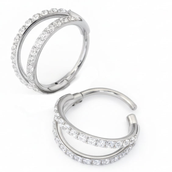 anneau nez nostril titane argenté double rang zircons brillants 0.8mm clicker