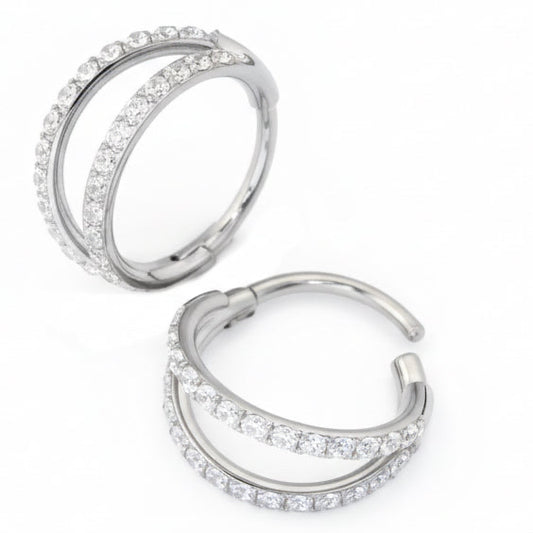 anneau nez nostril titane argenté double rang zircons brillants 0.8mm clicker