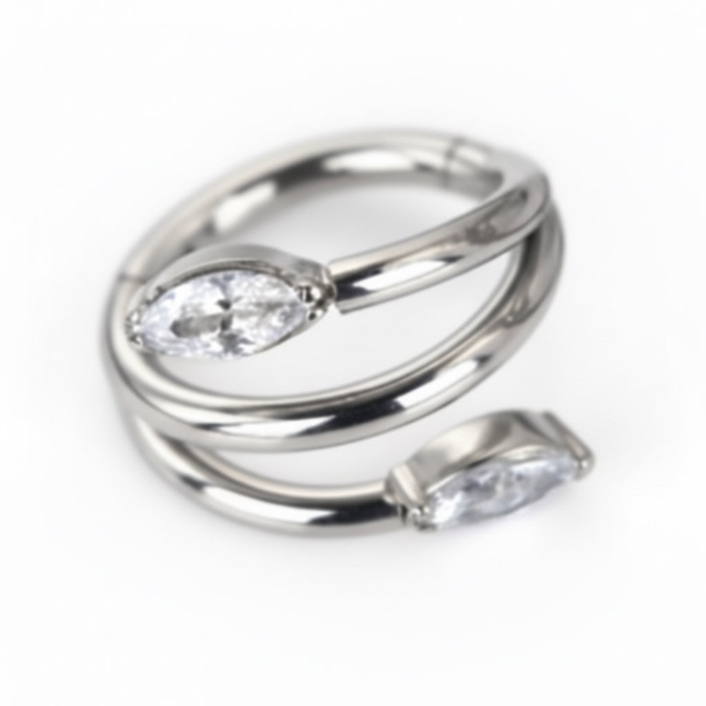 piercing anneau twist spirale titane argenté avec deux zircons taille marquise effet triple perçage