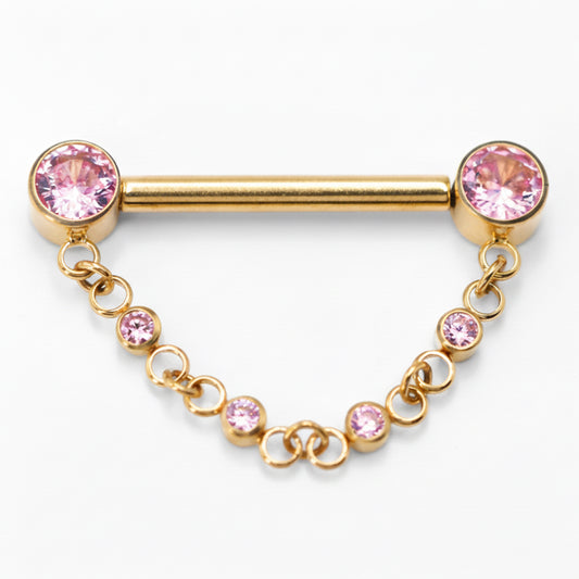 piercing téton titane doré avec chaîne pendante zircons roses système à pression
