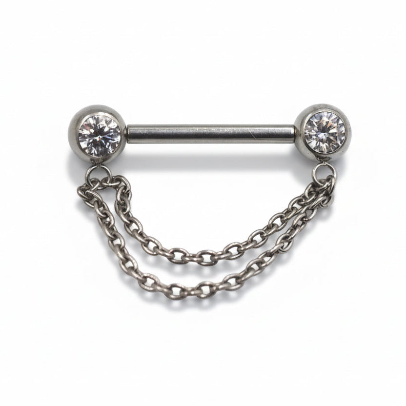 piercing téton titane argenté double chaîne zircons cubiques filetage interne