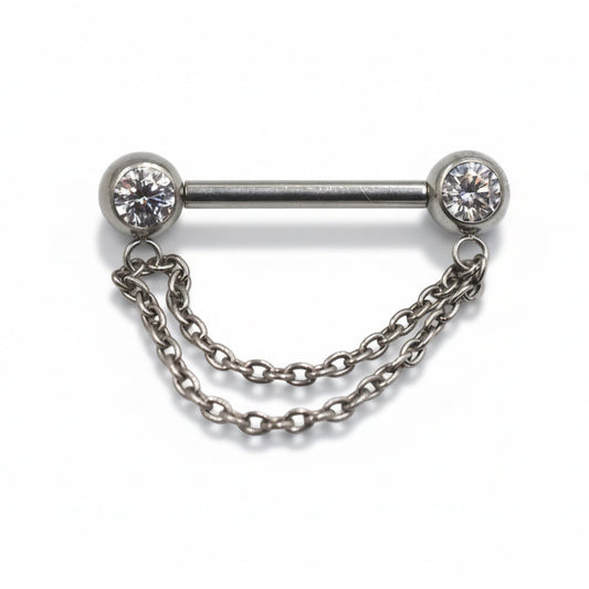 piercing téton titane argenté double chaîne zircons cubiques filetage interne