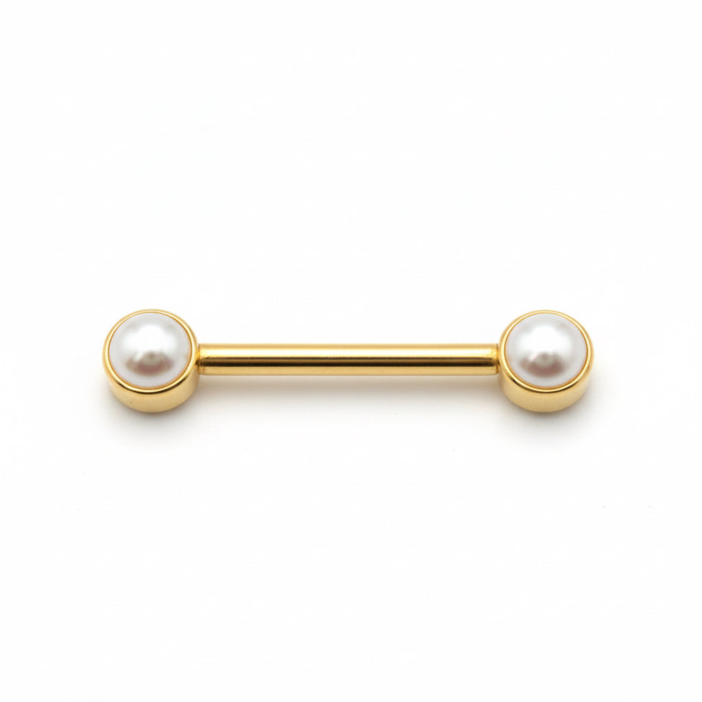 piercing téton titane doré cabochon nacre blanche irisée système à pression 14mm