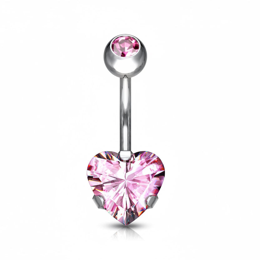 piercing nombril titane argenté zircon rose forme coeur brillant fin de collection