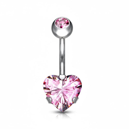 piercing nombril titane argenté zircon rose forme coeur brillant fin de collection