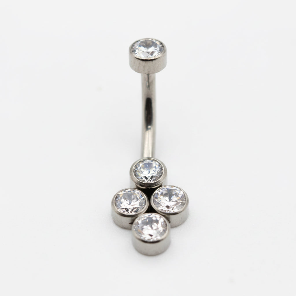 piercing nombril titane argenté 4 zircons blancs forme trèfle fleur vissage interne 1.6mm